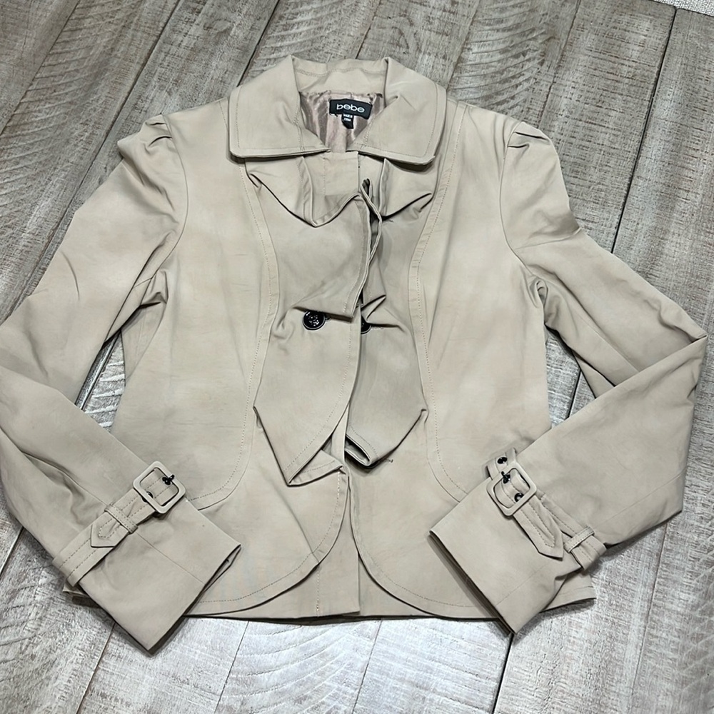 Bebe Y2K ruffle front zipper waist length jacket giving raincoat/trench vibes